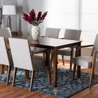 Baxton Studio Glenda Mid-Century Modern Greyish Beige Fabric Upholstered and Walnut Brown Finished Wood 7-Piece Dining Set