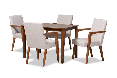 Baxton Studio Glenda Mid-Century Modern Greyish Beige Fabric Upholstered and Walnut Brown Finished Wood 5-Piece Dining Set