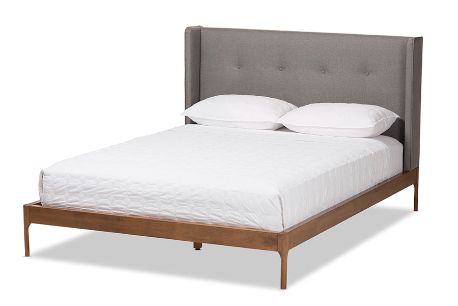 Baxton Studio Brooklyn Mid-Century Modern Walnut Wood Grey Fabric King Size Platform Bed