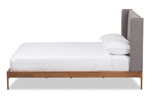 Baxton Studio Brooklyn Mid-Century Modern Walnut Wood Grey Fabric King Size Platform Bed
