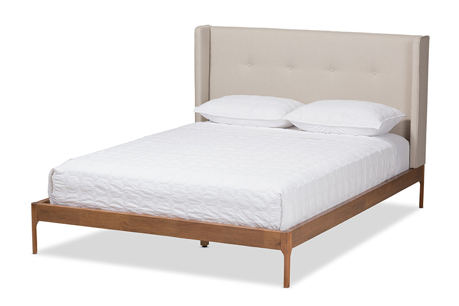 Baxton Studio Brooklyn Mid-Century Modern Walnut Wood Beige Fabric Queen Size Platform Bed