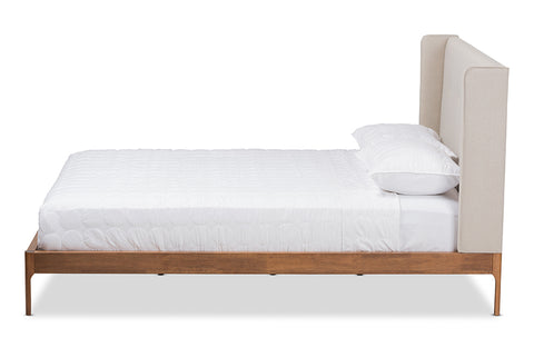 Baxton Studio Brooklyn Mid-Century Modern Walnut Wood Beige Fabric King Size Platform Bed