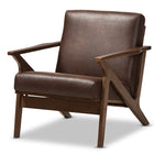 Baxton Studio Bianca Mid-Century Modern Walnut Wood Dark Brown Distressed Faux Leather Lounge Chair