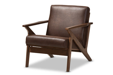 Baxton Studio Bianca Mid-Century Modern Walnut Wood Dark Brown Distressed Faux Leather Lounge Chair