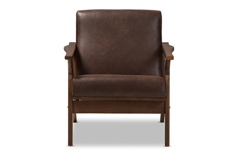 Baxton Studio Bianca Mid-Century Modern Walnut Wood Dark Brown Distressed Faux Leather Lounge Chair