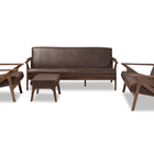 Baxton Studio Bianca Mid-Century Modern Walnut Wood Dark Brown Distressed Faux Leather Livingroom Sofa Set