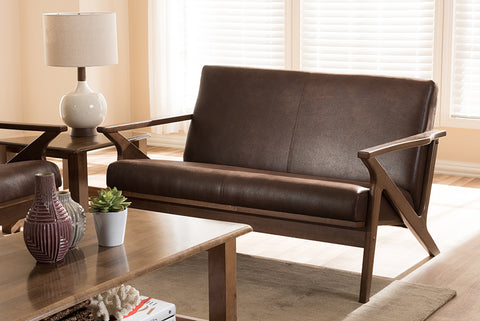 Baxton Studio Bianca Mid-Century Modern Walnut Wood Dark Brown Distressed Faux Leather 2-Seater Loveseat