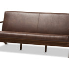 Baxton Studio Bianca Mid-Century Modern Walnut Wood Dark Brown Distressed Faux Leather 3-Seater Sofa