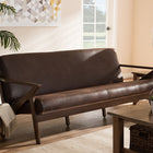 Baxton Studio Bianca Mid-Century Modern Walnut Wood Dark Brown Distressed Faux Leather 3-Seater Sofa