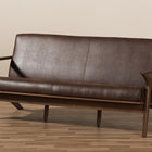 Baxton Studio Bianca Mid-Century Modern Walnut Wood Dark Brown Distressed Faux Leather 3-Seater Sofa
