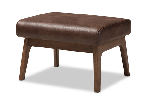 Baxton Studio Bianca Mid-Century Modern Walnut Wood Dark Brown Distressed Faux Leather Ottoman