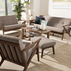 Baxton Studio Bianca Mid-Century Modern Walnut Wood Light Grey Fabric Tufted Livingroom Sofa Set