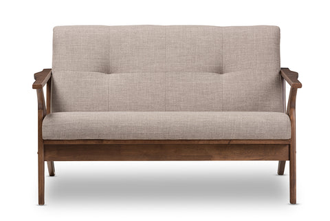 Baxton Studio Bianca Mid-Century Modern Walnut Wood Light Grey Fabric Tufted 2-Seater Loveseat