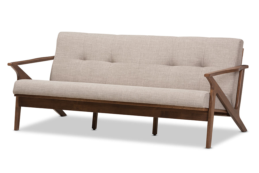 Baxton Studio Bianca Mid-Century Modern Walnut Wood Light Grey Fabric Tufted 3-Seater Sofa