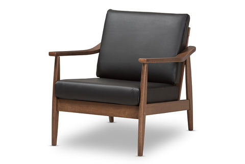 Baxton Studio Venza Mid-Century Modern Walnut Wood Black Faux Leather Lounge Chair
