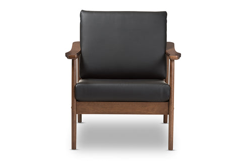 Baxton Studio Venza Mid-Century Modern Walnut Wood Black Faux Leather Lounge Chair