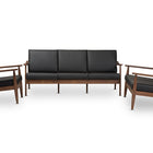 Baxton Studio Venza Mid-Century Modern Walnut Wood Black Faux Leather 3-Piece Livingroom Set