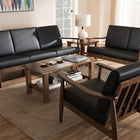 Baxton Studio Venza Mid-Century Modern Walnut Wood Black Faux Leather 3-Piece Livingroom Set