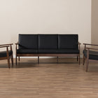 Baxton Studio Venza Mid-Century Modern Walnut Wood Black Faux Leather 3-Piece Livingroom Set