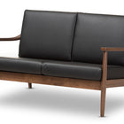 Baxton Studio Venza Mid-Century Modern Walnut Wood Black Faux Leather 2-Seater Loveseat