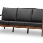 Baxton Studio Venza Mid-Century Modern Walnut Wood Black Faux Leather 3-Seater Sofa