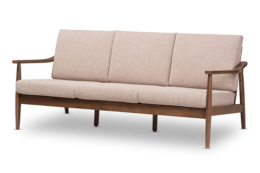 Baxton Studio Venza Mid-Century Modern Walnut Wood Light Brown Fabric Upholstered 3-Seater Sofa