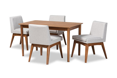 Baxton Studio Nexus Mid-Century Modern Greyish Beige Fabric Upholstered and Walnut Brown Finished Wood 5-Piece Dining Set