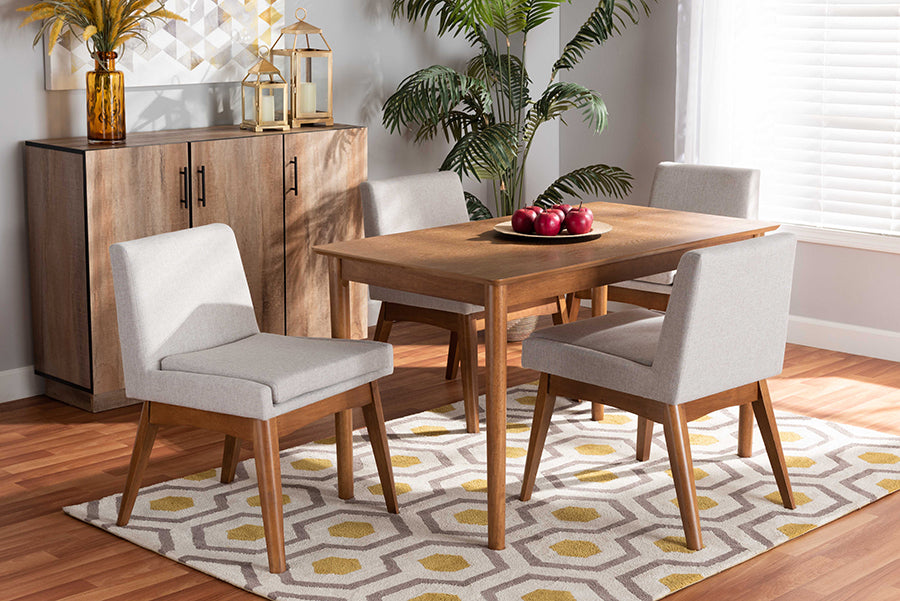 Baxton Studio Nexus Mid-Century Modern Greyish Beige Fabric Upholstered and Walnut Brown Finished Wood 5-Piece Dining Set