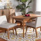 Baxton Studio Nexus Mid-Century Modern Greyish Beige Fabric Upholstered and Walnut Brown Finished Wood 5-Piece Dining Set