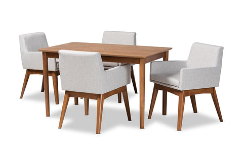 Baxton Studio Dorina Mid-Century Modern Greyish Beige Fabric Upholstered and Walnut Brown Finished Wood 5-Piece Dining Set
