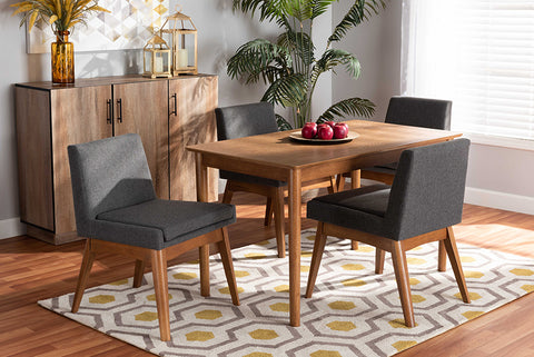 Baxton Studio Nexus Mid-Century Modern Dark Grey Fabric Upholstered and Walnut Brown Finished Wood 5-Piece Dining Set