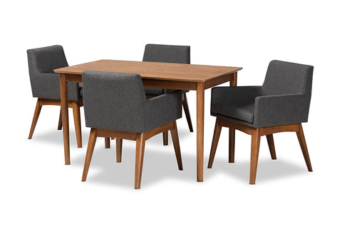 Baxton Studio Dorina Mid-Century Modern Dark Grey Fabric Upholstered and Walnut Brown Finished Wood 5-Piece Dining Set