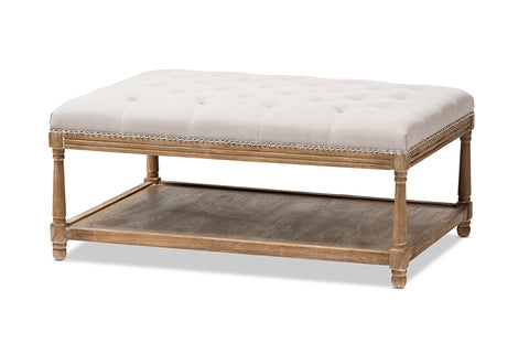 Baxton Studio Carlotta French Country Weathered Oak Beige Linen Rectangular Coffee Table Ottoman