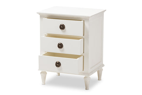 Baxton Studio Venezia French-Inspired Rustic Whitewash Wood 3-Drawer Nightstand