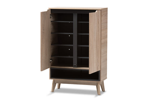 Baxton Studio Fella Mid-Century Modern Two-Tone Oak and Grey Wood Shoe Cabinet