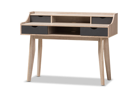Baxton Studio Fella Mid-Century Modern 4-Drawer Oak and Grey Wood Study Desk