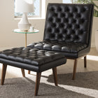 Baxton Studio Annetha Mid-Century Modern Black Faux Leather Upholstered Walnut Finished Wood Chair And Ottoman Set