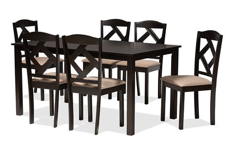 Baxton Studio Ruth Sand Fabric Upholstered and Dark Brown Finished Wood 7-Piece Dining Set