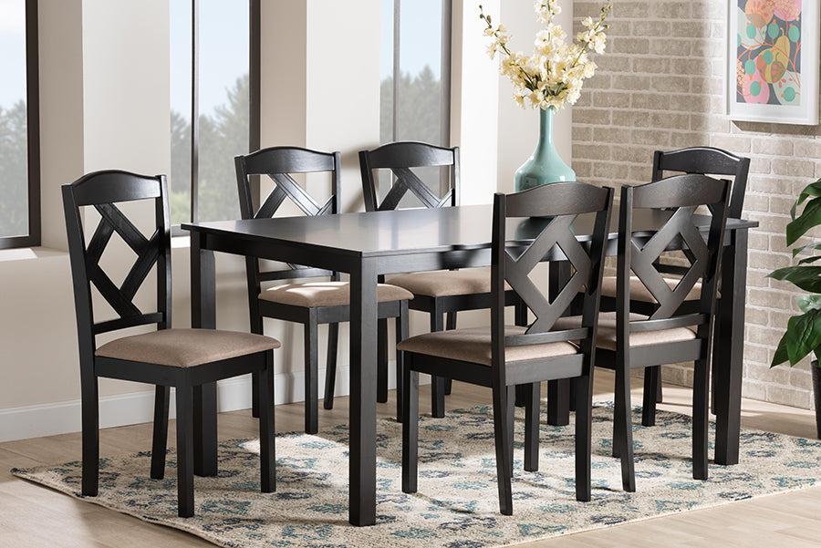Baxton Studio Ruth Sand Fabric Upholstered and Dark Brown Finished Wood 7-Piece Dining Set