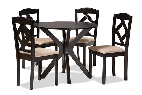 Baxton Studio Carlin Sand Fabric Upholstered and Dark Brown Finished Wood 5-Piece Dining Set