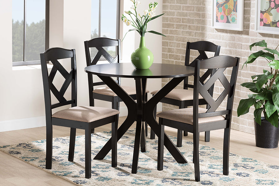 Baxton Studio Carlin Sand Fabric Upholstered and Dark Brown Finished Wood 5-Piece Dining Set