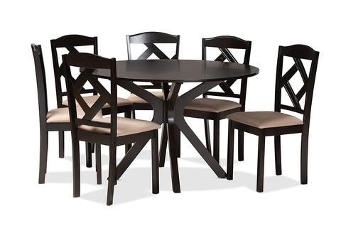 Baxton Studio Carlin Sand Fabric Upholstered and Dark Brown Finished Wood 7-Piece Dining Set