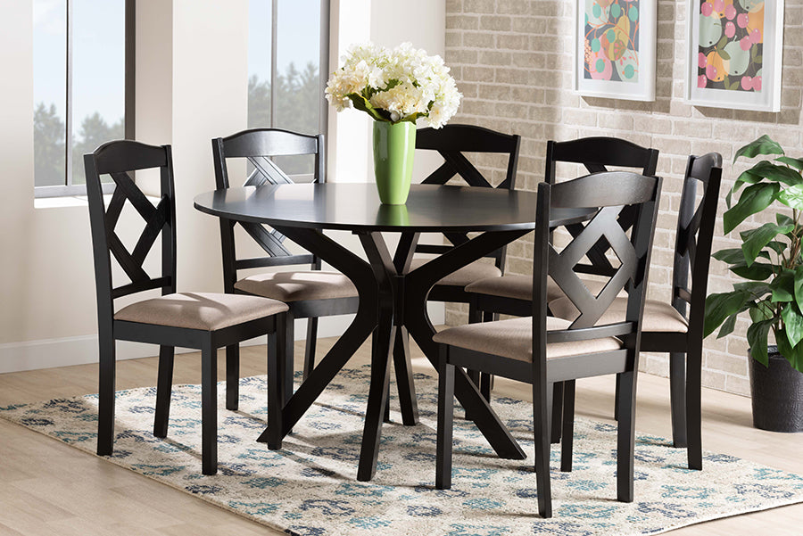 Baxton Studio Carlin Sand Fabric Upholstered and Dark Brown Finished Wood 7-Piece Dining Set