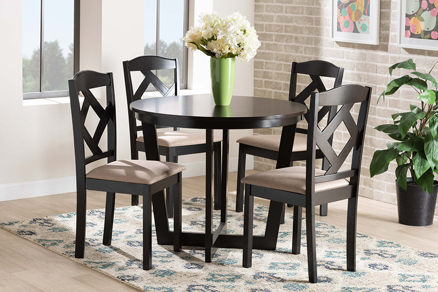 Baxton Studio Morigan Sand Fabric Upholstered and Dark Brown Finished Wood 5-Piece Dining Set
