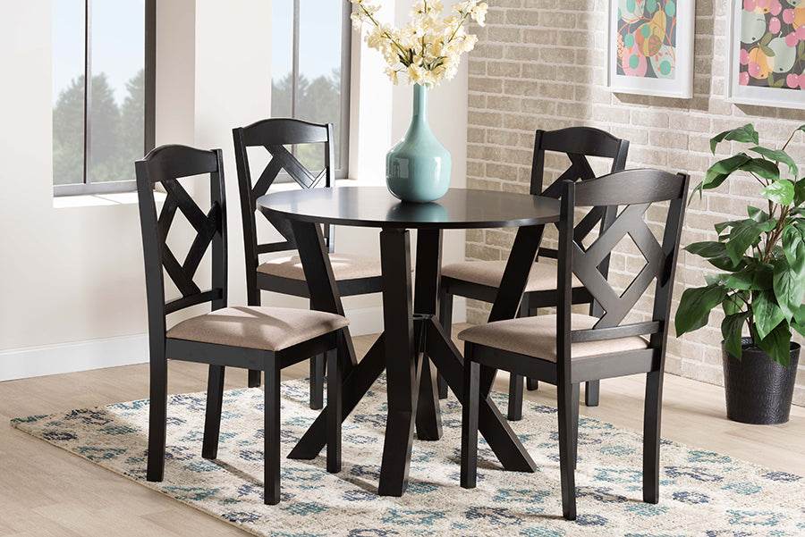 Baxton Studio Riona Sand Fabric Upholstered and Dark Brown Finished Wood 5-Piece Dining Set