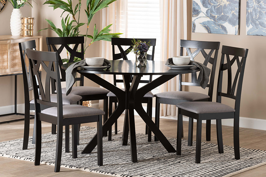 Baxton Studio Luise Modern Grey Fabric and Dark Brown Finished Wood 7-Piece Dining Set