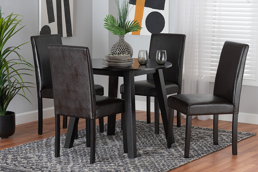 Baxton Studio Emine Modern Dark Brown Faux Leather and Espresso Brown Finished Wood 5-Piece Dining Set