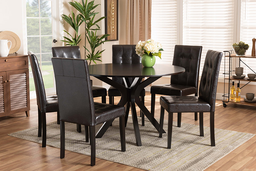 Baxton Studio Marie Modern and Contemporary Dark Brown Faux Leather Upholstered and Dark brown Finished Wood 7-Piece Dining Set