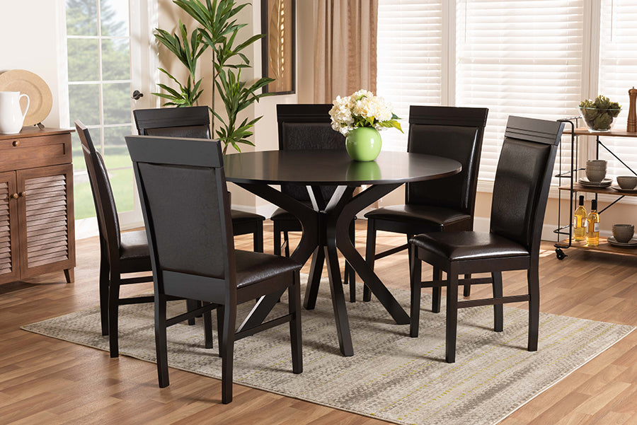 Baxton Studio Jeane Modern and Contemporary Dark Brown Faux Leather Upholstered and Dark Brown Finished Wood 7-Piece Dining Set