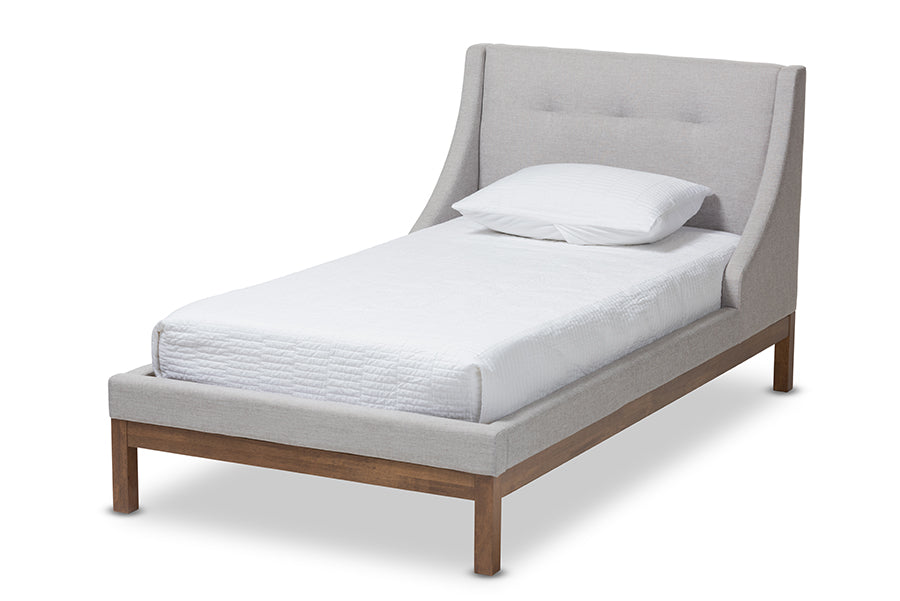 Baxton Studio Louvain Modern and Contemporary Greyish Beige Fabric Upholstered Walnut-Finished Twin Sized Platform Bed